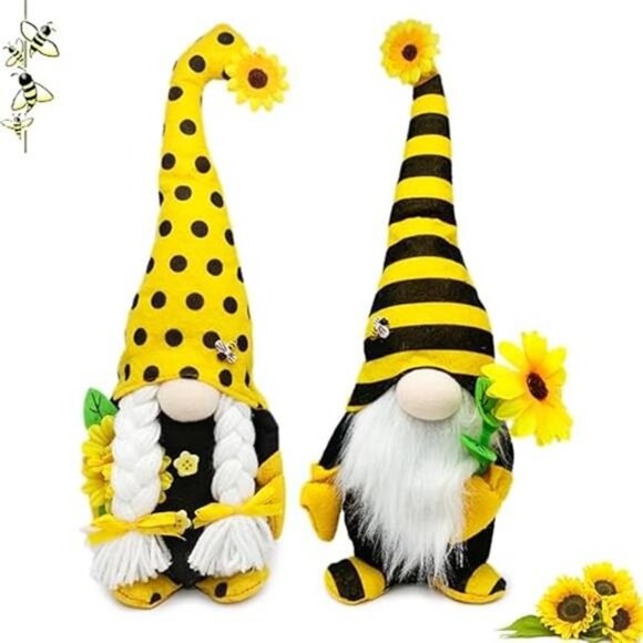 Spring & Summer Gnome Set – 2PCS Sunflower & Bee Plush Decorations, 15” & 14” - Picture 7 of 7
